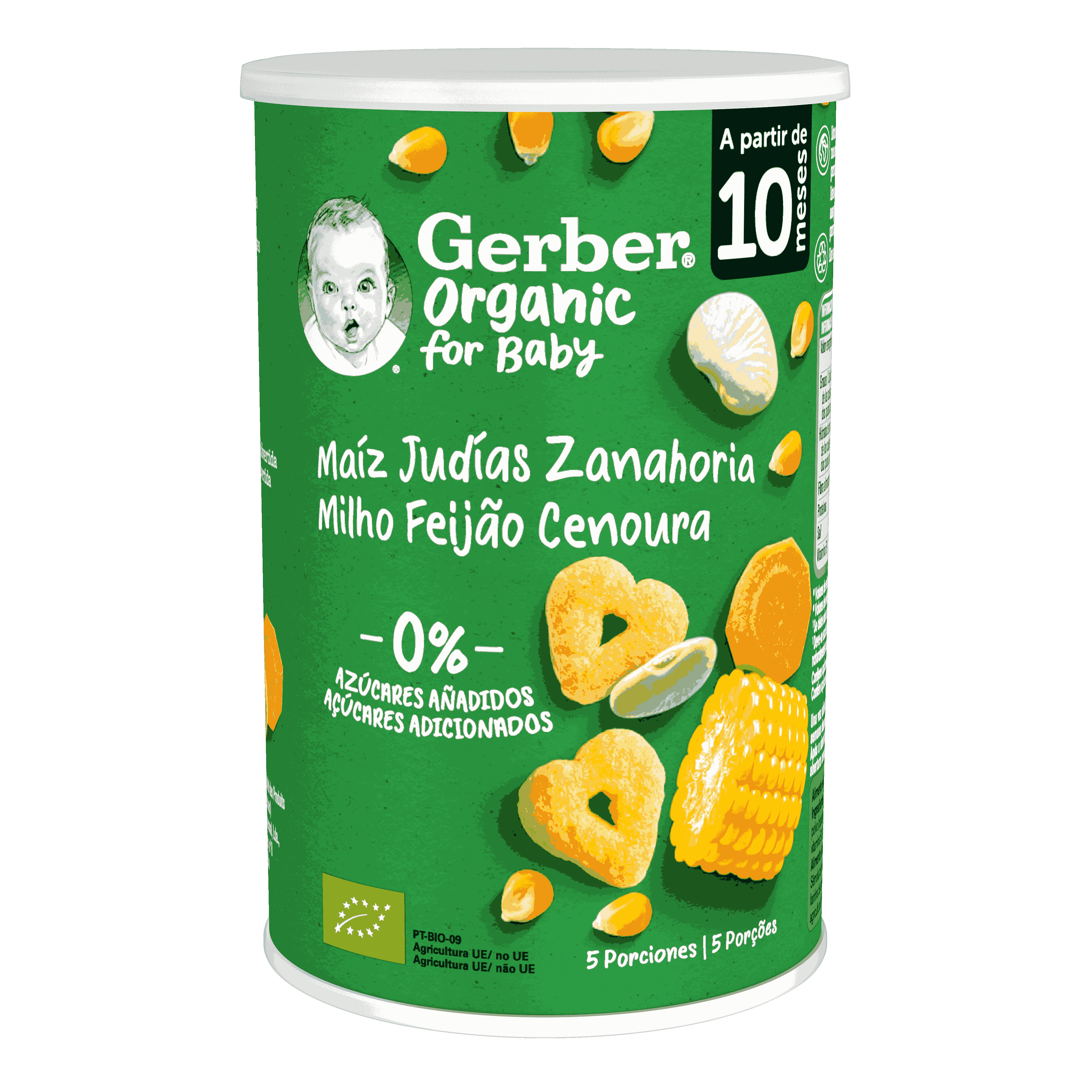 Snacks ecológicos GERBER HeartPuffs con Maíz, Judías y Zanahorias