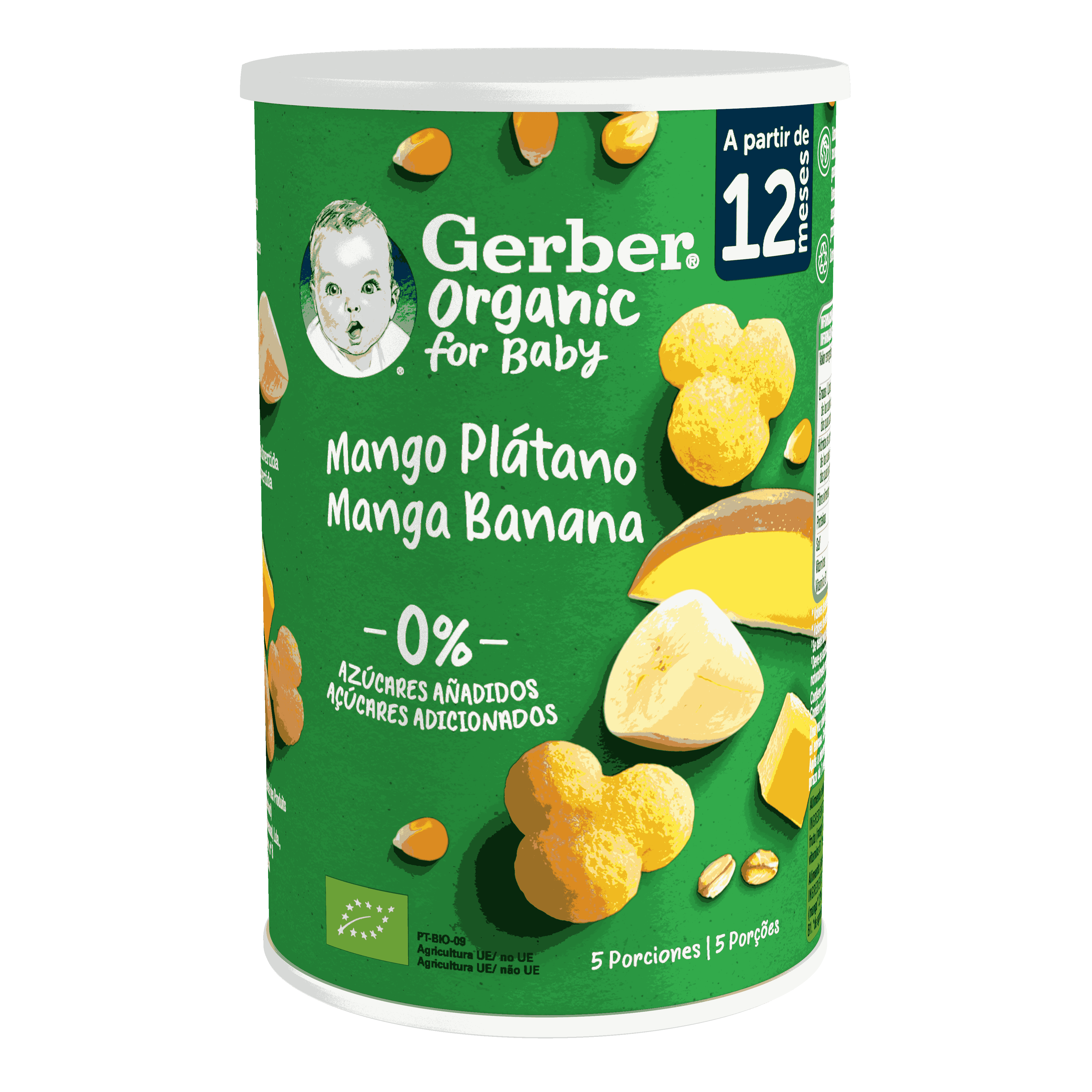 Los snacks de maíz y avena GERBER con Mango y Plátano son unos deliciosos snacks para bebés de cereales ecológicos para tu bebé. 100% ecológicos, sin azúcares añadidos y con vitamina B1.