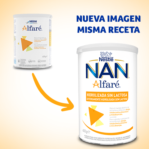 Graphic ad showing old and new infant formula cans with arrow and Spanish slogan