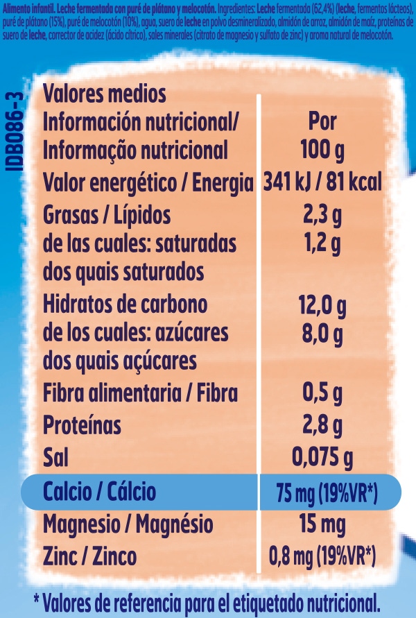 Tabla nutricional YOGOLINO Melocotón Plátano (sin azúcar añadido)