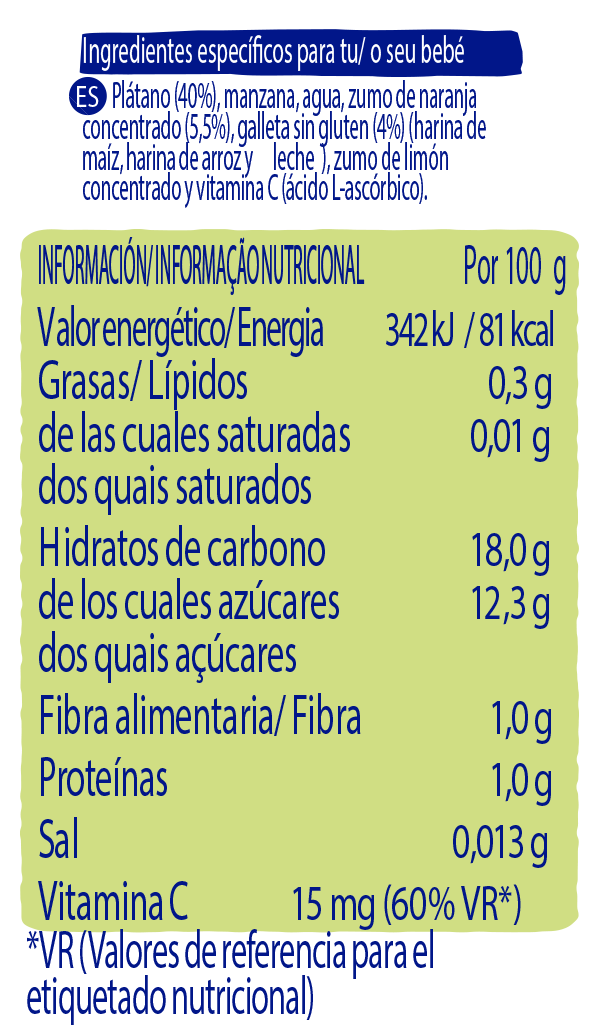 Tabla nutricional Purés Nestlé Plátano, Naranja y Galleta