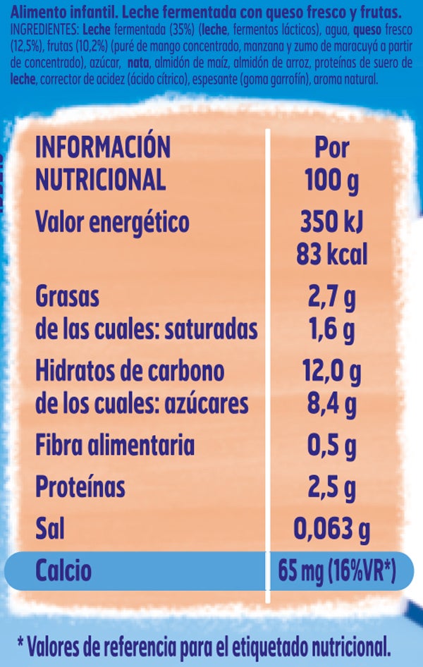 Tabla nutricional YOGOLINO Frutas variadas con queso fresco