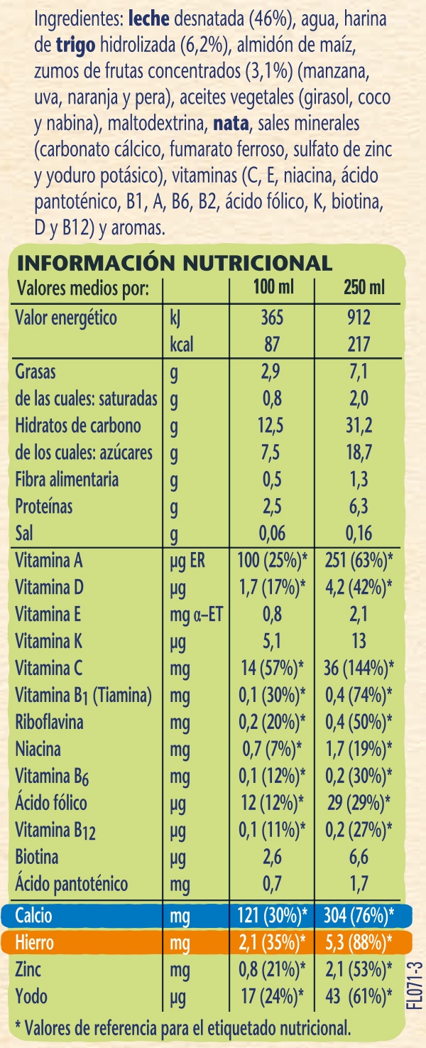 Tabla nutricional Nestlé Leche y Cereales multifrutas