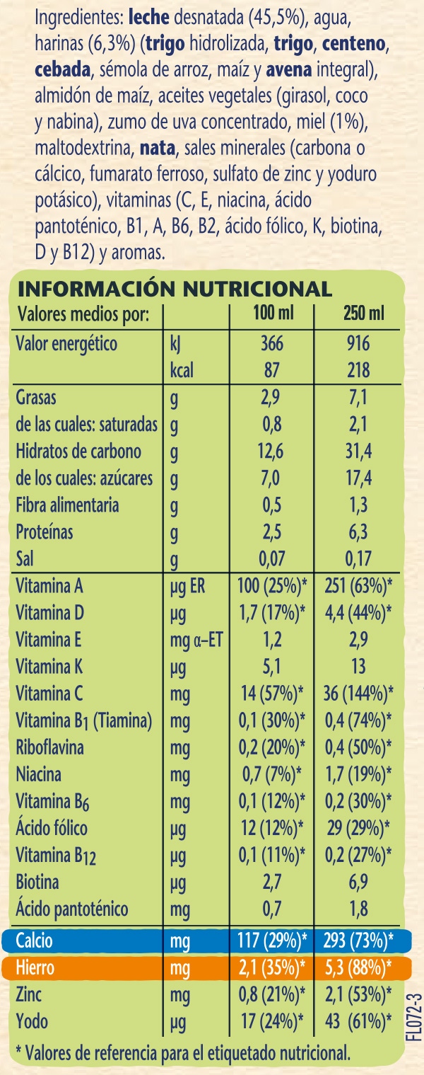Tabla nutricional Nestlé Leche y Cereales Pijama Miel