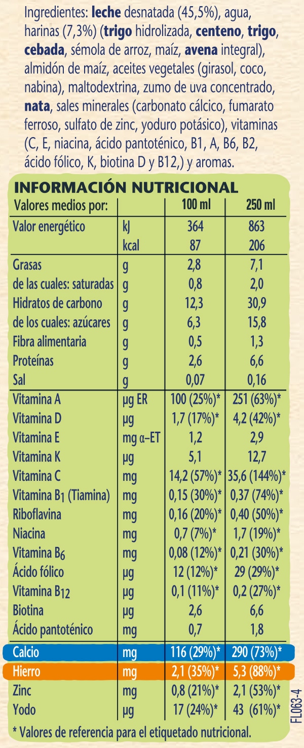 Tabla nutricional Nestlé Leche y Cereales Pijama