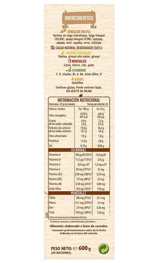 Tabla Nutricional Papilla NESTLÉ 8 cereales con cacao