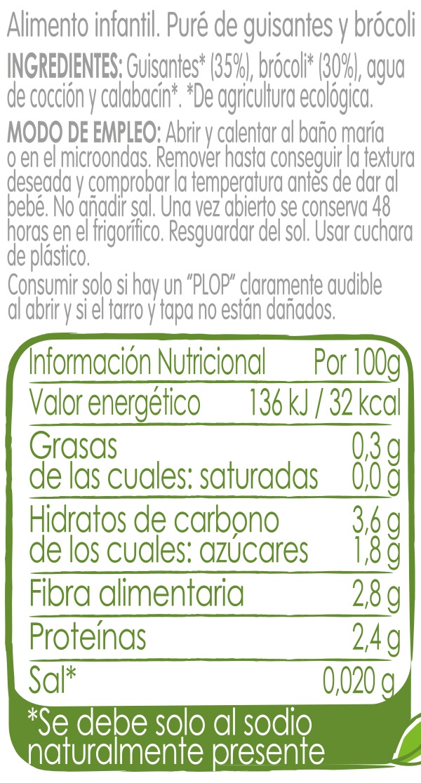 Tabla nutricional Tarrito NATURNES Guisantes Brócoli
