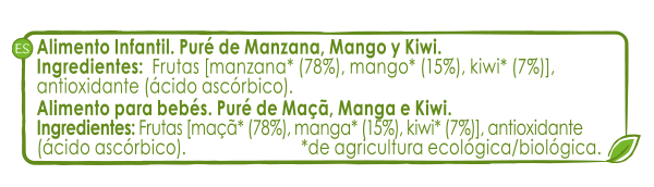Ingredientes Tarrina Puré de frutas Naturnes Bio Manzana Mango Kiwi