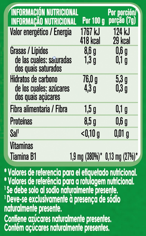 Tabla nutricional Snacks para bebés de cereales Puffs GERBER Trigo y Arroz con Plátano orgánico 