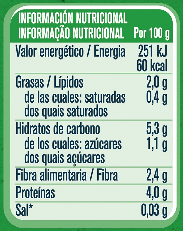Tabla nutricional Tarrito de puré para bebés GERBER Brócoli Guisantes Pavo