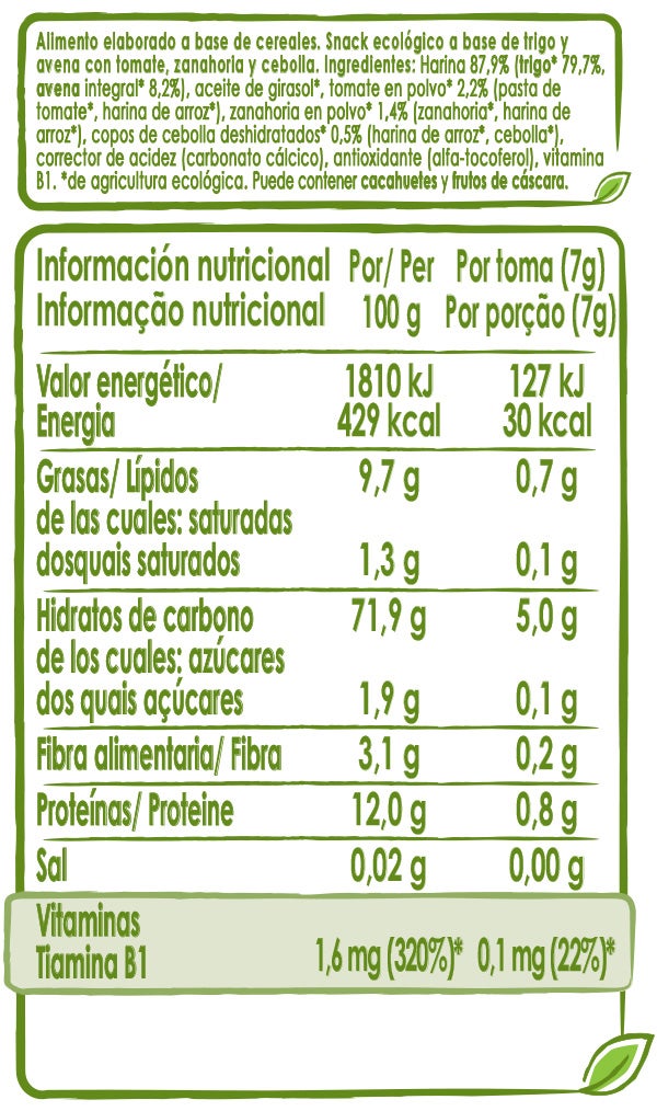 Tabla nutricional Nutripuff NATURNES BIO Tomate