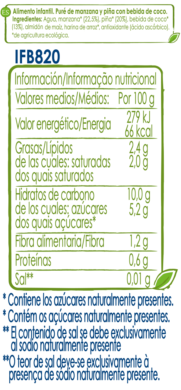 Tabla nutricional Tarrina Vegetal NATURNES BIO Manzana Piña
