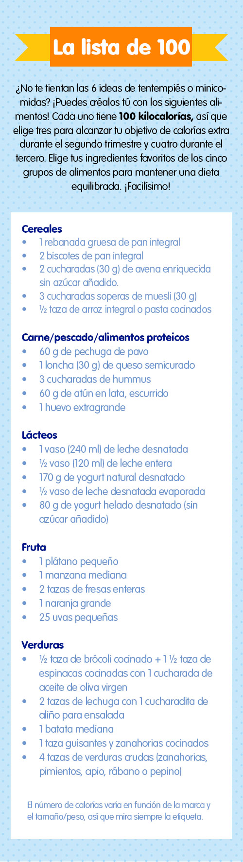 Lista alimentos 100 calorías embarazo