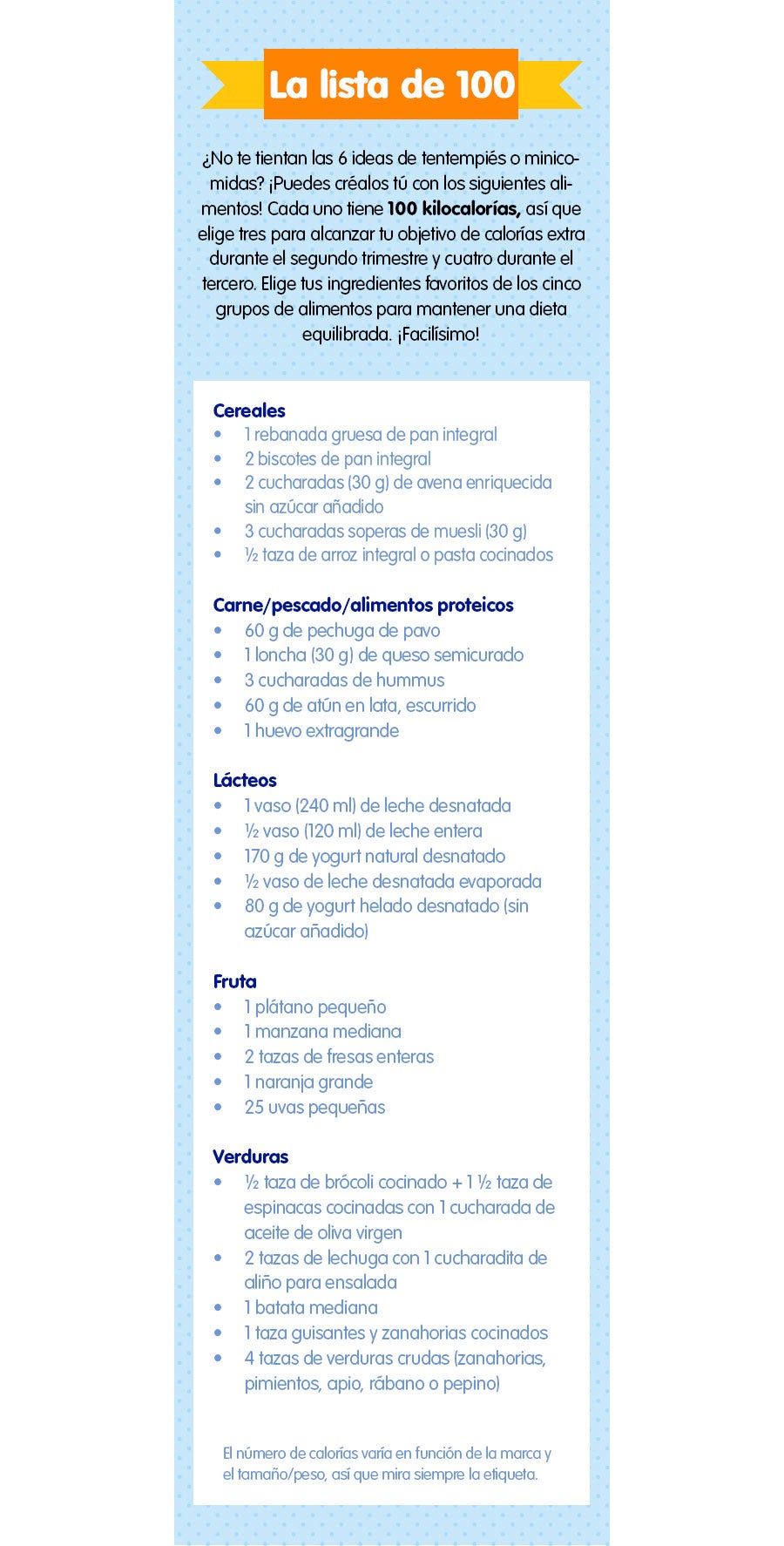 Lista alimentos 100 calorías embarazo