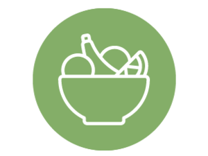 Green circular graphic with white line-art bowl of fruit