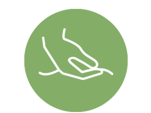 Green circular icon with white line-drawn hands offering support
