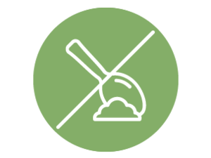 Graphic: white broom and dustpan crossed out on green circle