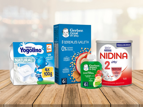Lote de productos Nestlé para bebés y niños, incluyendo Nidina y Yogolino