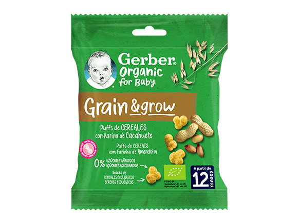 Snacks para bebés de cereales Puffs GERBER Trigo y Avena con Cacahuete orgánico Snacks para bebés de cereales Puffs GERBER Trigo y Avena con Cacahuete orgánico