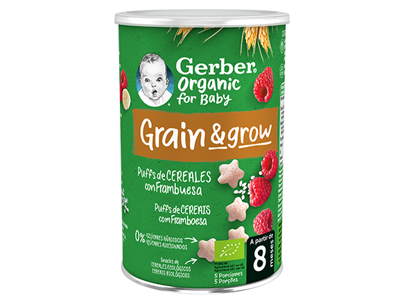 Snacks para bebés de cereales Puffs GERBER Trigo y Arroz con Frambuesa orgánico