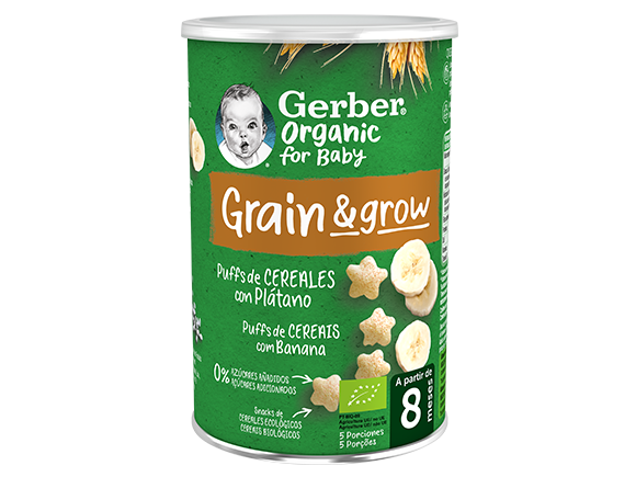 Snacks para bebés de cereales Puffs GERBER Trigo y Arroz con Plátano orgánico