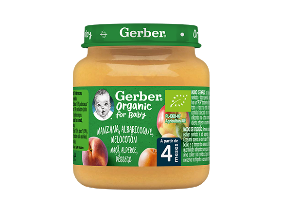Tarrito de puré de frutas orgánico para bebés GERBER Manzana, Albaricoque y Melocotón Tarrito de puré de frutas orgánico para bebés GERBER Manzana, Albaricoque y Melocotón