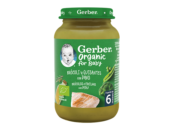 Tarrito de puré para bebés GERBER Brócoli Guisantes Pavo