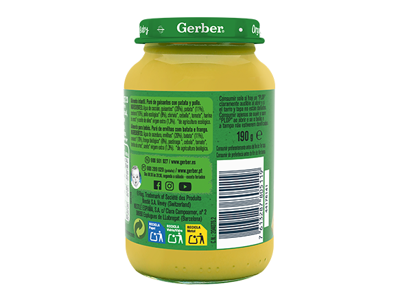 Tarrito de puré para bebés GERBER Guisantes con Patata y Pollo