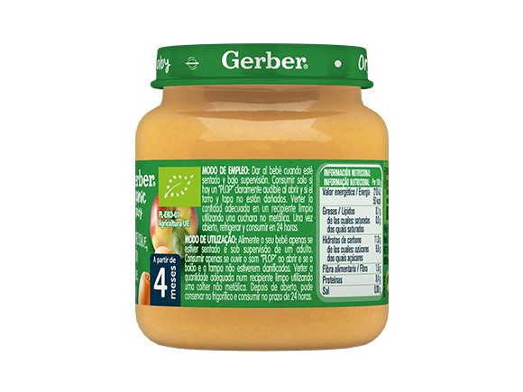 Tarrito de puré de frutas orgánico para bebés GERBER Manzana, Albaricoque y Melocotón