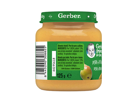Tarrito de puré de frutas orgánico para bebés GERBER Pera Plátano