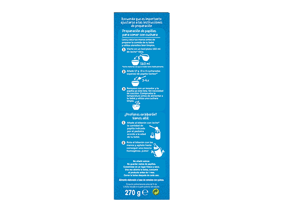 Instrucciones preparación Papillas de cereales para bebés GERBER Multicereales Quinoa 0% 0%