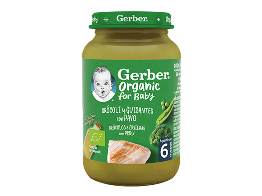 Tarrito de puré para bebés GERBER Brócoli Guisantes Pavo