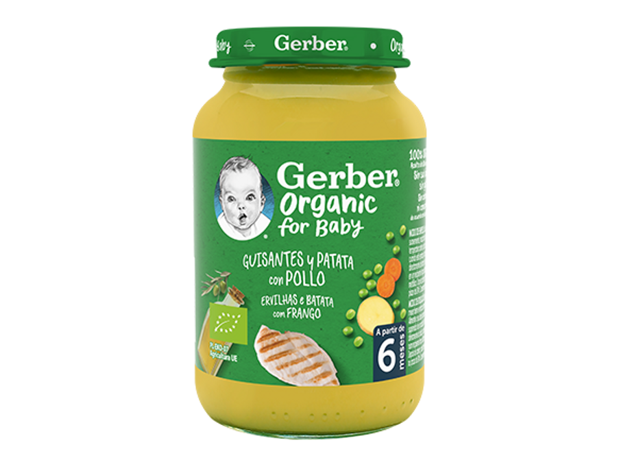 Tarrito de puré para bebés GERBER Guisantes con Patata y Pollo