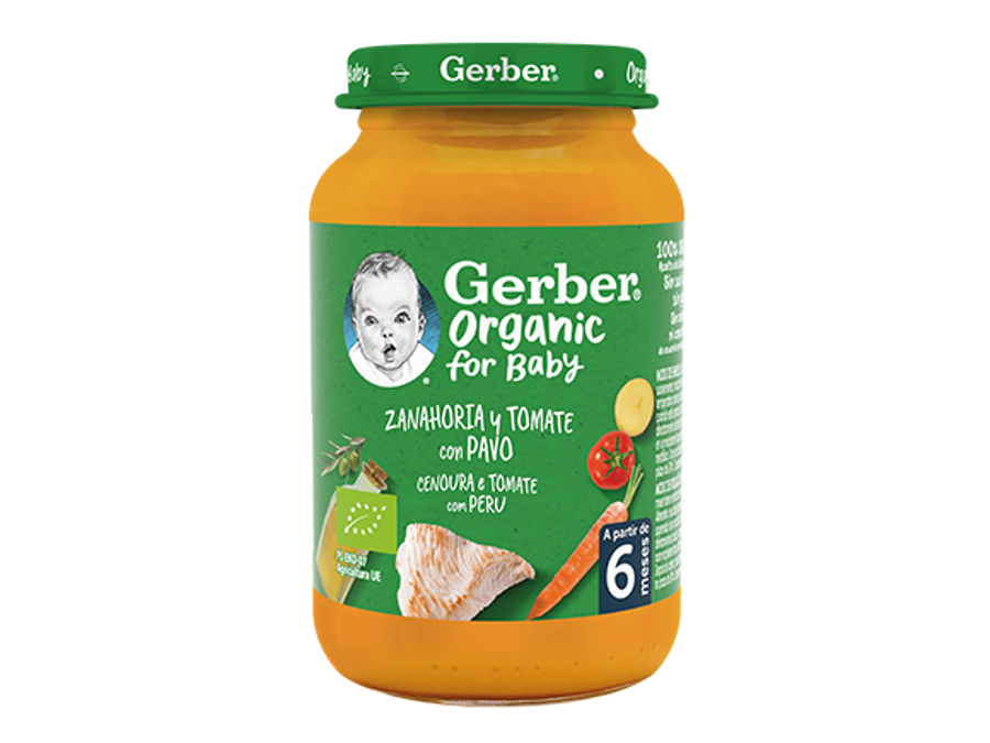 Tarrito de puré para bebés GERBER Zanahoria, Tomate y Pavo