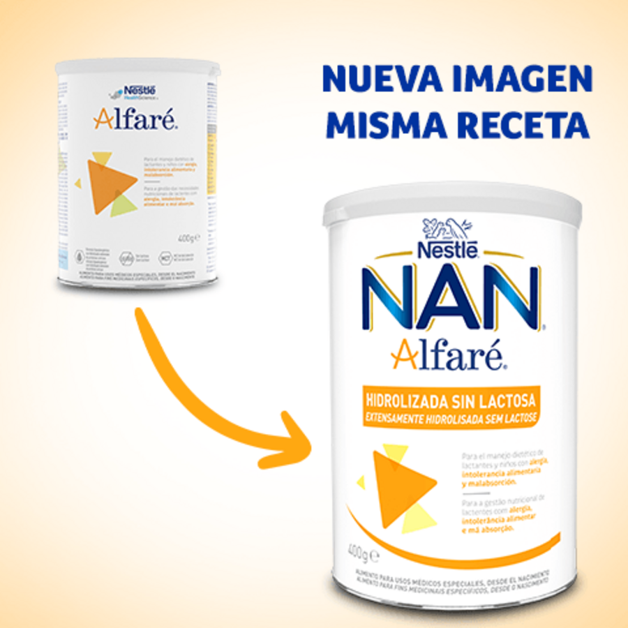 Graphic ad showing old and new infant formula cans with arrow and Spanish slogan