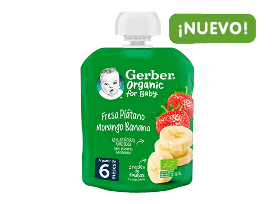 Bolsita de puré de fruta ecológica GERBER Fresa y Plátano