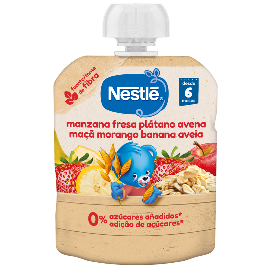Bolsita de puré de frutas NESTLÉ Manzana, Fresa, Plátano y Avena Bolsita de puré de frutas NESTLÉ Manzana, Fresa, Plátano y Avena