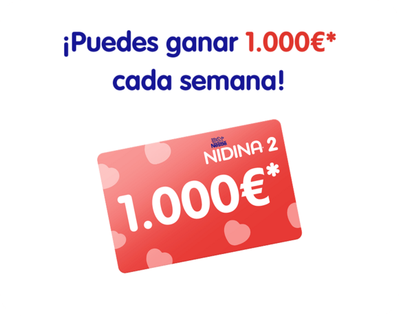 Promotional graphic with red 1,000€ voucher and Spanish text about weekly prize.