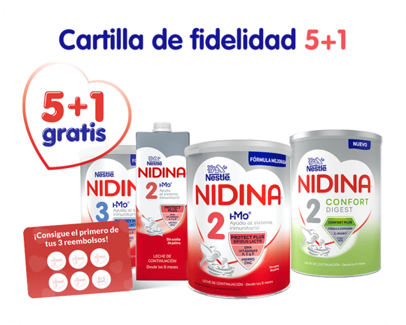 Promotional graphic: Nidina baby formula cans, infant bottle, loyalty card and '5+1 gratis' badge