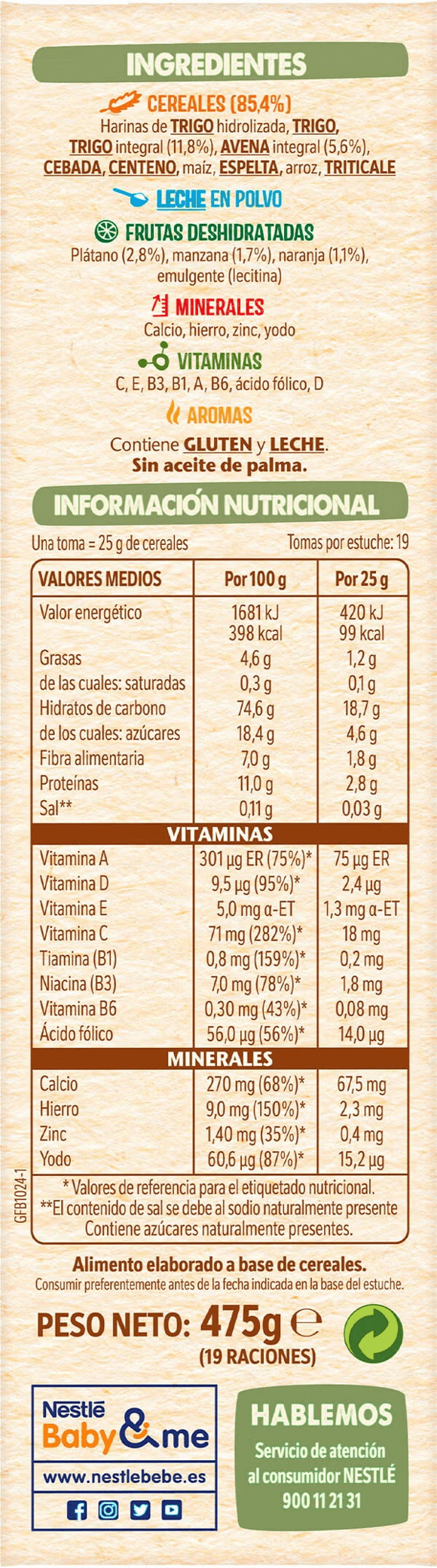 Papillas Nestlé 8 cereales com frutas | Ingredientes y información nutricional