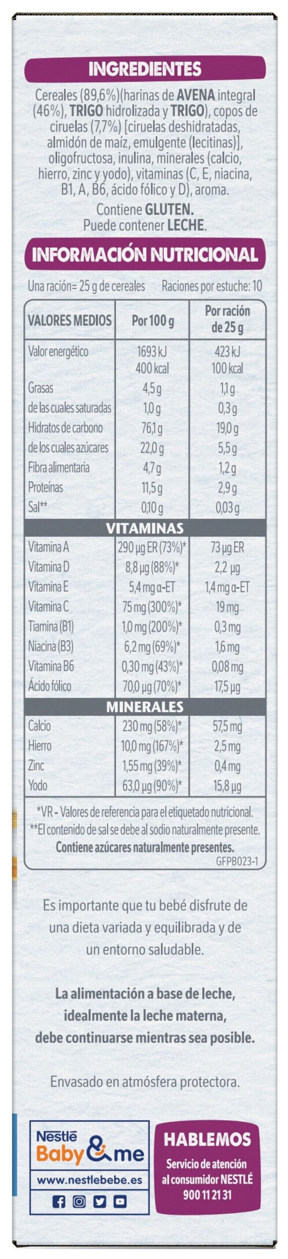 Información Nutricional GERBER Avena