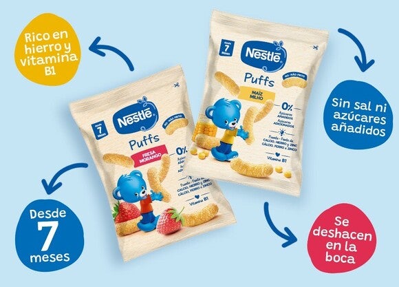 Envase de los snacks para bebés de Nestlé con un osito azul.