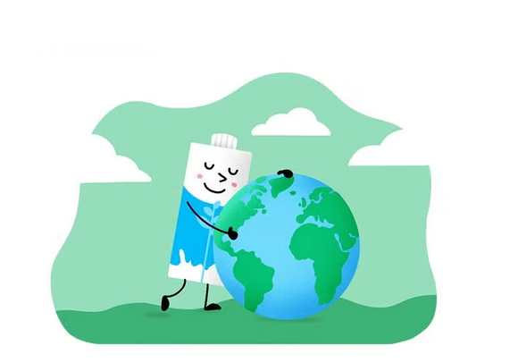 Smiling cartoon marshmallow character hugging Earth globe, green hills and clouds